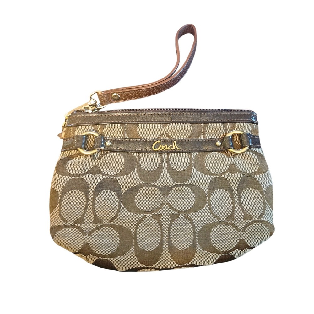 Coach Signature C Monogram Wristlet Pouch Brown Tan Leather Strap